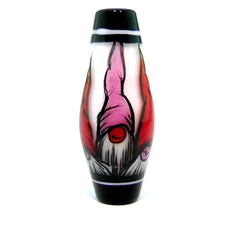 Illustration in Glass handmade lampwork glass bead focal by JC Herrell Gnomes in pink and red hats on white