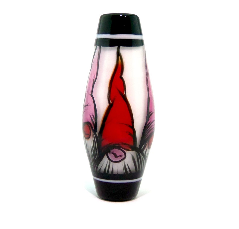 Illustration in Glass handmade lampwork glass bead focal by JC Herrell Gnomes in pink and red hats on white