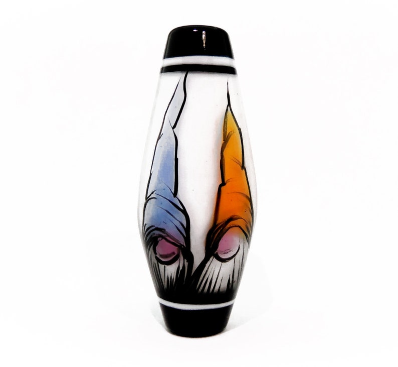 Illustration in Glass Gnomes in a rainbow of hats on white handmade lampwork glass bead focal by JC Herrell