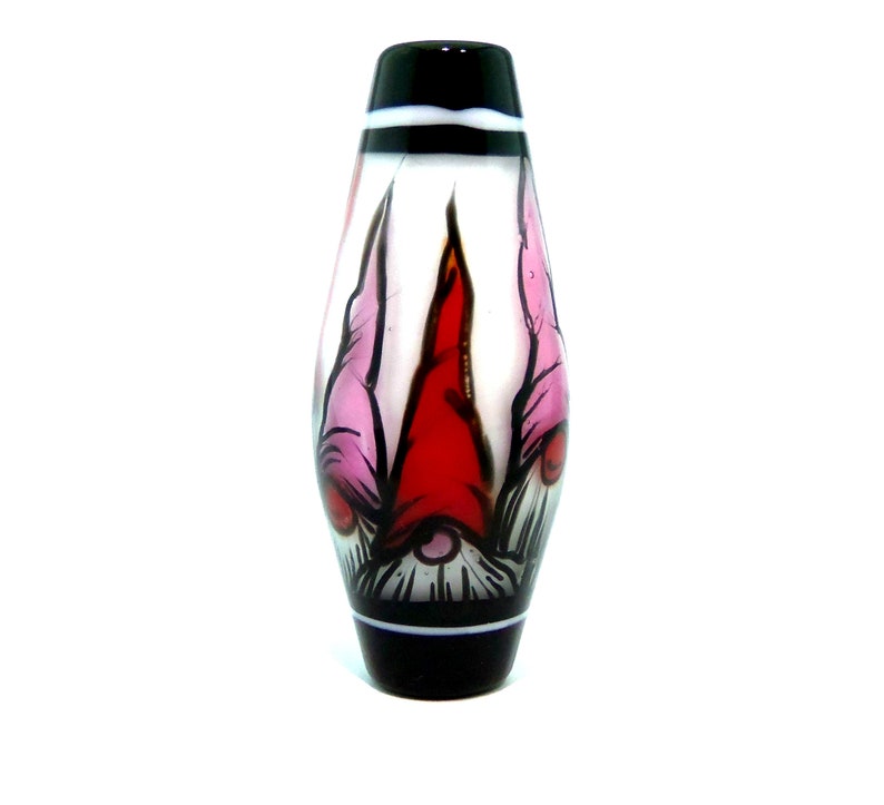 Illustration in Glass handmade lampwork glass bead focal by JC Herrell Gnomes in pink and red hats on white