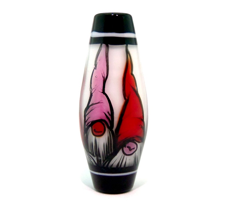 Illustration in Glass handmade lampwork glass bead focal by JC Herrell Gnomes in pink and red hats on white