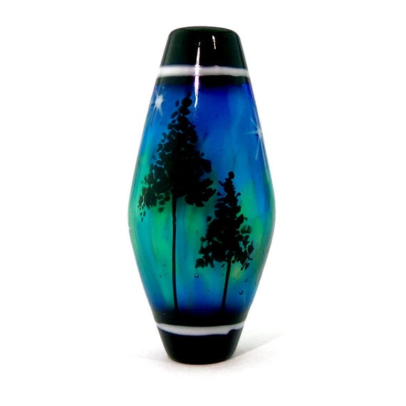 Pine on deep blue night sky with stars tab bead Illustration in Glass handmade lampwork glass bead focal by JC Herrell