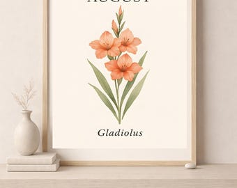 August birth flower gladiolus vintage floral print AI-generated