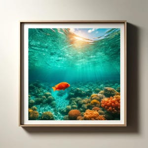Digitales Poster, Lebendige tropische Fische im Korallenriff mit Sonnenlicht, AI Generierte Wandkunst, Ocean Life Decor, bis zu A2