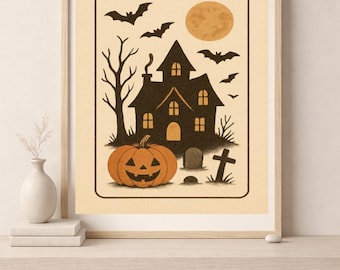 Vintage Haunted House Halloween Printable – Spooky Pumpkin Wall Art