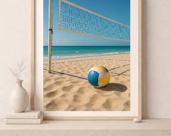 Beach volleyball net and ball on sand