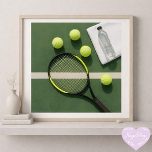 Raqueta de tenis y pelotas en cancha verde