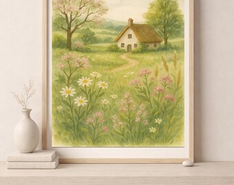 Spring Cottage Watercolor Art Print – Blooming Flowers Countryside Landscape – Digital Download Wall Art