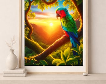Stampa con pappagallo tropicale al tramonto: vivace decorazione esotica ispirata alla natura (fino al formato A2) (download digitale)