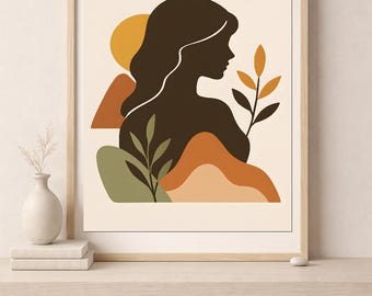Abstract feminine silhouette with leaves wall art