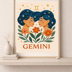 Póster del zodiaco Géminis: Impresión astrológica retro generada por IA dual