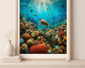 Sea Turtle Coral Reef Print: Vibrant Marine Life Wall Art (Digital Download)