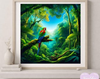 Stampa di un pappagallo colorato nella foresta pluviale: decorazione murale esotica a tema natura (download digitale)
