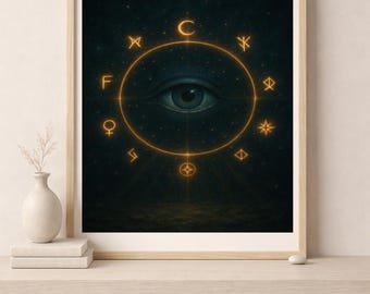 Poster Mystical Eye – Symboles ésotériques et vision cosmique, oeuvre d'art murale numérique