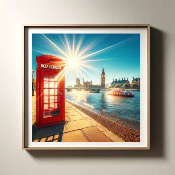 Sunlit London Riverside and Red Telephone Box, AI-Generated Urban Landscape Art Inspired by "Whispers of the City"