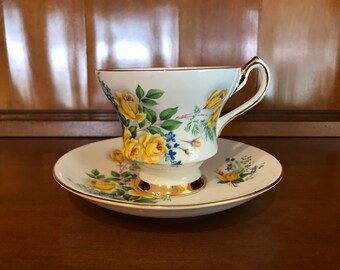 Vintage 1960s Royal London Free Shipping Yellow Roses Bone China Teacup and Saucer