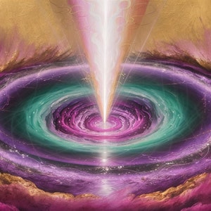 Puede incluir: Pintura abstracta de una galaxia giratoria con un rayo de luz blanca brillante en el centro. La galaxia es una mezcla de colores púrpura, rosa y verde.