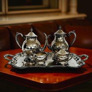 May include: A silver tea set on a silver tray. The set includes two teapots, a sugar bowl with a lid, and a creamer. The tray has ornate handles and a decorative edge. The set is displayed on a polished wooden table.