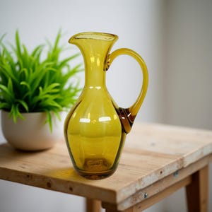 Vintage MCM Handblown Glass Pitcher Amber Glass