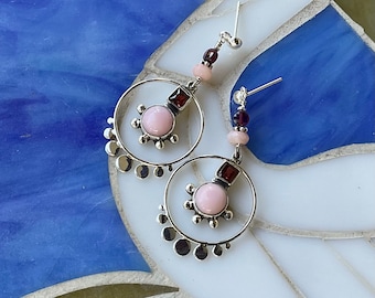 Encircled~ Peruvian Pink Opal earrings with garnet Sterling silver