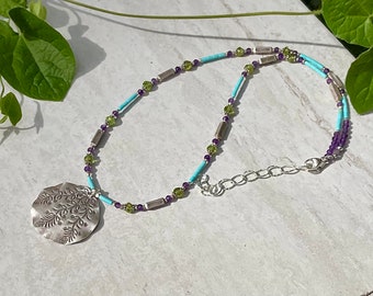 Hill Tribe silver pendant necklace w/Sleeping beauty turquoise, peridot and amethyst