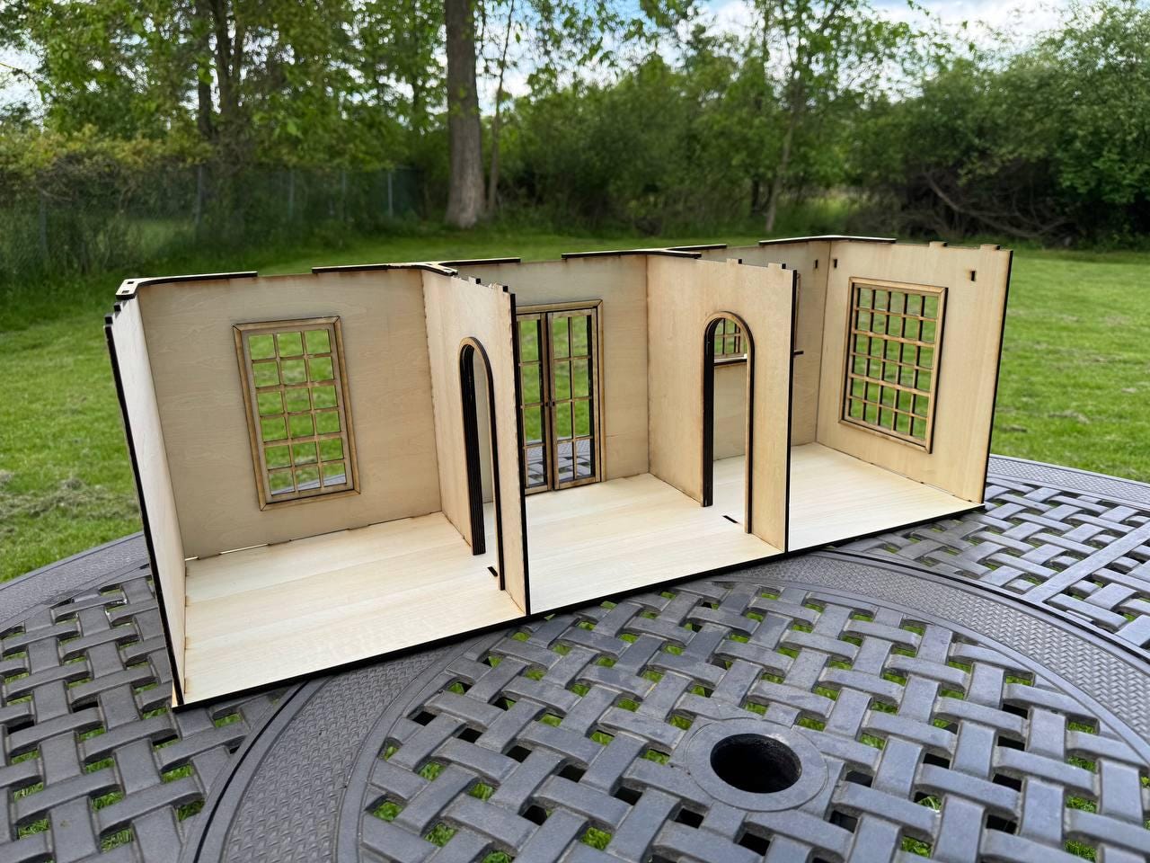 Modular 1:12 Scale Stackable Dollhouse Room Box – 3 Rooms, Arched Openings, Windows & French Doors – DIY Kit