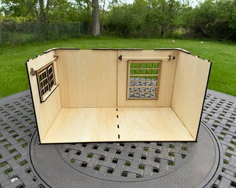 Modular Dollhouse Room Box with Panoramic \ Opening Window – Stackable Wooden Diorama 1\6 & 1\12 Scale