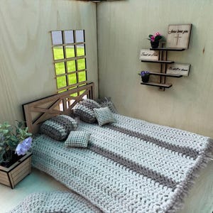Miniature Doll Bed 1:6 Scale – Handmade Double Bed for Barbie, Dollhouse Furniture, Bedroom Doll Decor
