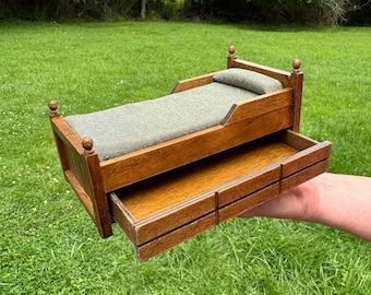 1:12 Dollhouse Bed with Trundle Drawer, Wooden Miniature Furniture