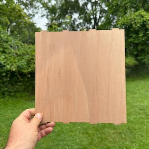 Op de afbeelding: Een rechthoekig, onafgewerkt houten paneel met een lichtbruine kleur. Het paneel heeft een reeks in elkaar grijpende inkepingen langs één rand. Het wordt vastgehouden tegen een achtergrond van groen gras en bomen.