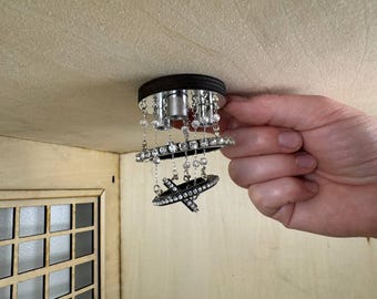 Triple Tier Miniature Chandelier – 1:6 Scale LED Dollhouse Ceiling Light with Crystals, Rhinestones & Mirror