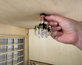 Miniature Ceiling Chandelier with Hanging Crystals | 1:6 Scale LED Dollhouse Light | Magnetic, Handmade Roombox Lamp