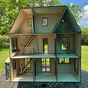 3-Story 1:12 Scale Wooden Dollhouse Kit with Porch, Balcony \ Stairs | Miniature DIY House | Collectible Doll House Unfinished