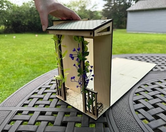 Miniature Porch with Awning and Plants – 1:6 & 1\12 Scale for Dollhouse Room Boxes and Dioramas