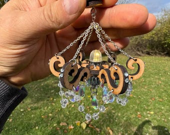 Miniature Ceiling LED Chandelier with Crystals & Chains – 1/6 Dollhouse Light