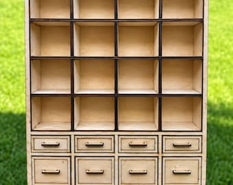 1:12 Dollhouse Wall Unit with Shelves & Drawers – Miniature Wooden Cabinet
