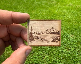 Miniature Wooden Mountain Lake Art | Dollhouse Wall Decor | Engraved Nature Scene