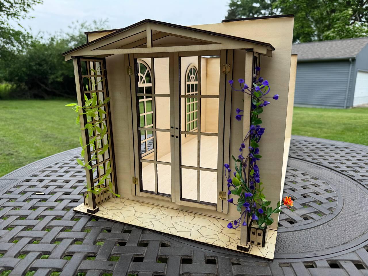 Miniature Porch with Climbing Plants for French Doors – 1:6 & 1\12 Scale Dollhouse Accessory