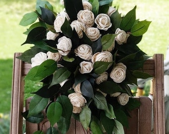 Simple Classic Ivory White Rose Cascade Bouquet and Boutonniere - made with natural Sola Wood Flowers - 5 Sizes