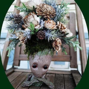 Baby Groot Arrangement with Sola Wood Flowers and Frosted Greenery - Winter Version