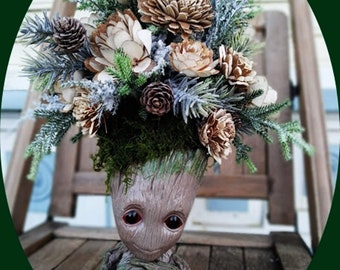 Baby Groot Arrangement with Sola Wood Flowers and Frosted Greenery - Winter Version