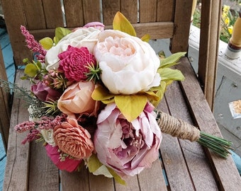 Peach Pink and Mauve Peonies Bouquet - Natural Sola Wood and Silk Flowers