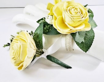 Classic Wrist Corsage and Boutonniere - made with natural Sola Wood Flowers - 3 Sizes - Custom Colors