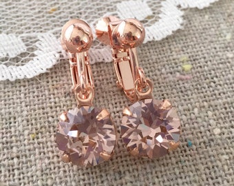 Swarovski Crystal Clip On Earrings | 8mm Vintage Rose Xirius Chatons | Screwback Non-pierced Dangling Earrings | E0216