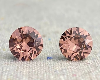 Swarovski Crystal Earrings, Dusty Rose Xirius Chatons, 8mm Round Posts, Surgical Steel Studs, Invisible Style Hypoallergenic