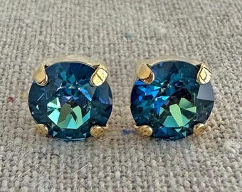 Swarovski Crystal Stud Earrings | 8mm Bermuda Blue Xirius Chatons | Surgical Steel Posts | E0011