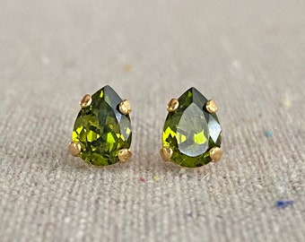 Swarovski Crystal Post Earrings, Olivine Small Pear 8x6 Studs, Surgical Steel Posts, 14K Gold Rose Gold Silver Aged Brass, Olive Green