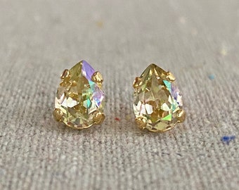 Swarovski Crystal Stud Earrings | 8x6mm Luminous Green Pears | Surgical Steel Posts | E0373