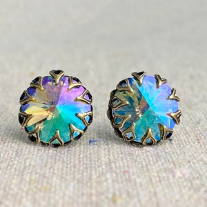 Swarovski Crystal Paradise Shine Earrings, Iridescent Rainbow 12mm Rivoli Cut, Crown Earring Studs, Aged Brass Ox, Surgical Steel Posts
