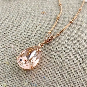 Swarovski Crystal Necklace, Blush Pink Crystal Necklace, Rose Gold Bridal Necklace, Vintage Rose Pear Necklace, Teardrop Bridesmaid Necklace